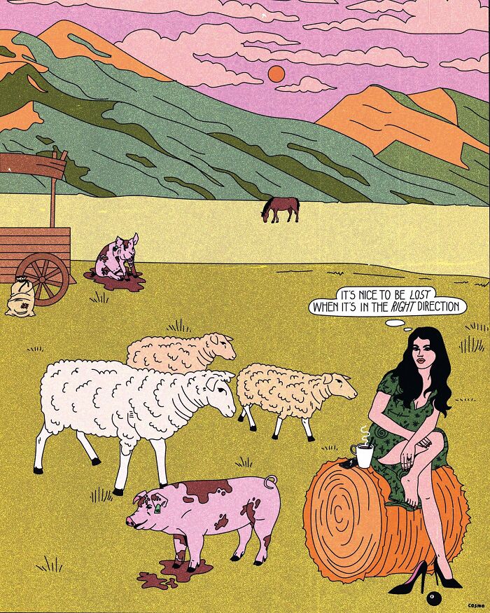 Illustration of a woman on hay with sheep and a pig, blending humor and sarcasm in a vibrant cartoon landscape.