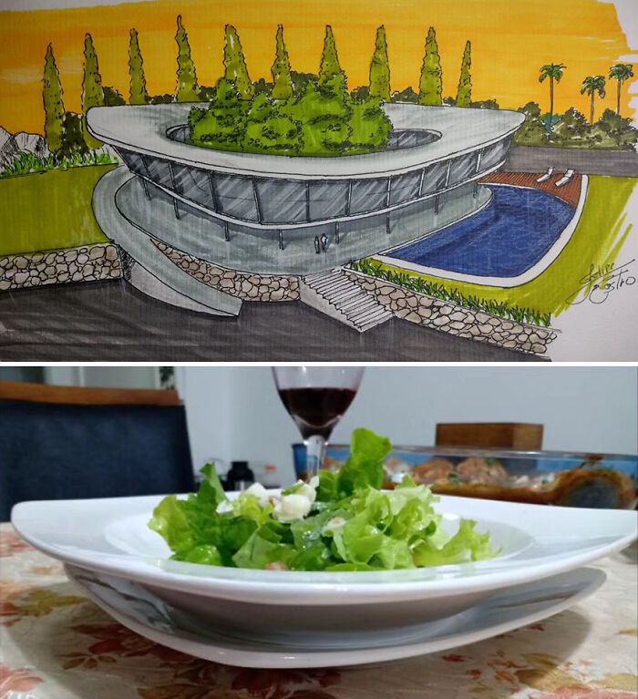 Architectural concept inspired by a salad bowl, featuring greenery on a modern structure.