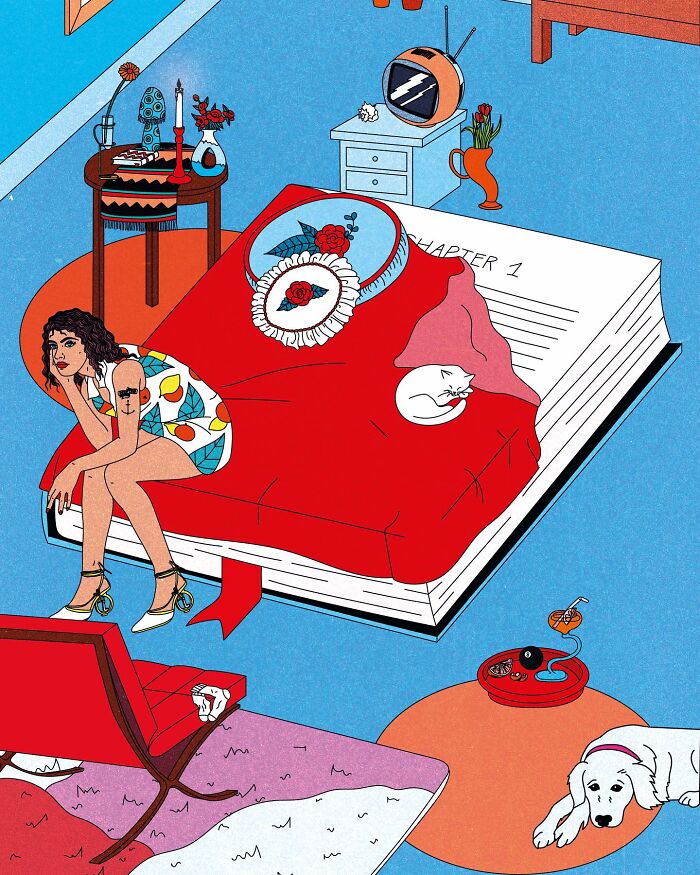 A vibrant illustration with a woman on a book bed, featuring humor and sarcasm.