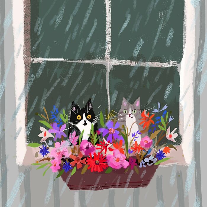 Cute cat illustration with two cats peeking through a rainy window, surrounded by colorful flowers.