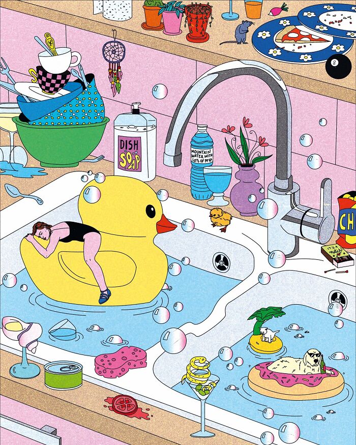 Vibrant illustration of a woman on a rubber duck in a cluttered sink, combining humor with a dash of sarcasm.