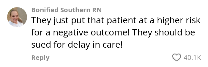 Comment criticizing insurance company for interrupting surgery, discussing risk and care delay.