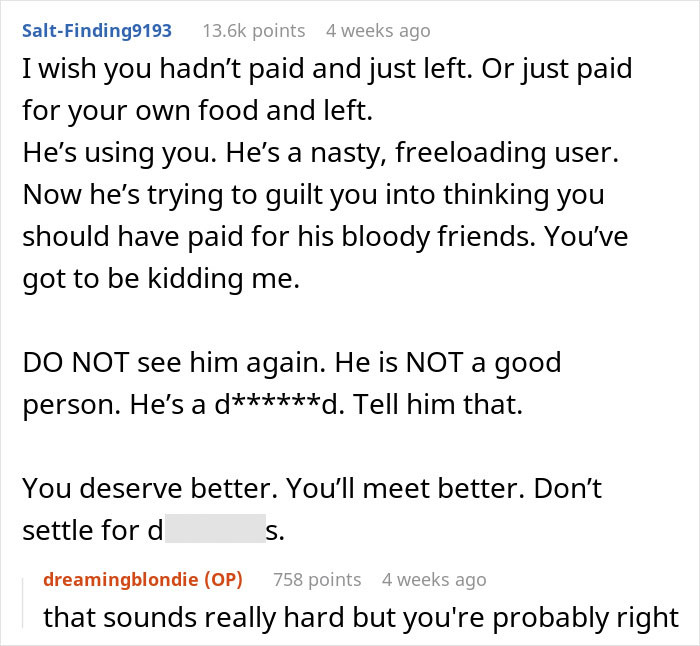 Reddit comments criticizing boyfriend for expecting birthday dinner payment, main keyword: “AITAH ruining BF's birthday.”