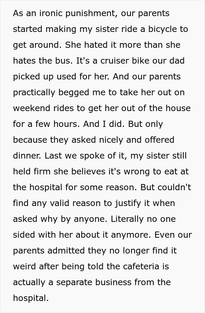 Text story about a sister riding a bicycle, showing family disagreement and irony in a punishment context.