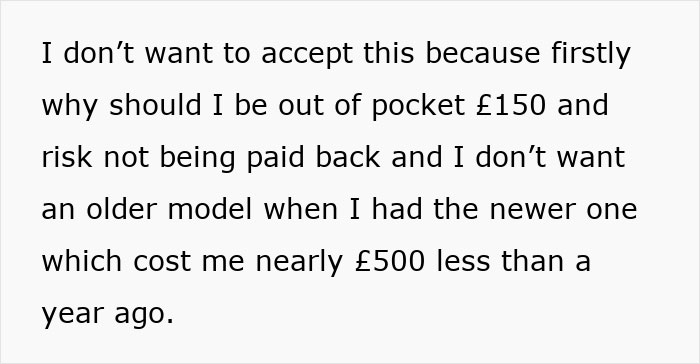 Text image discussing refusal to buy a new hairdryer due to financial concerns, mentioning costs of £150 and £500.