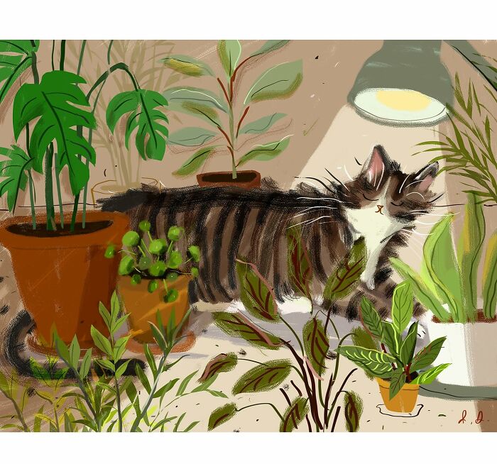 Cozy illustration of a content cat surrounded by indoor plants, basking under a lamp. Perfect art for cat lovers.