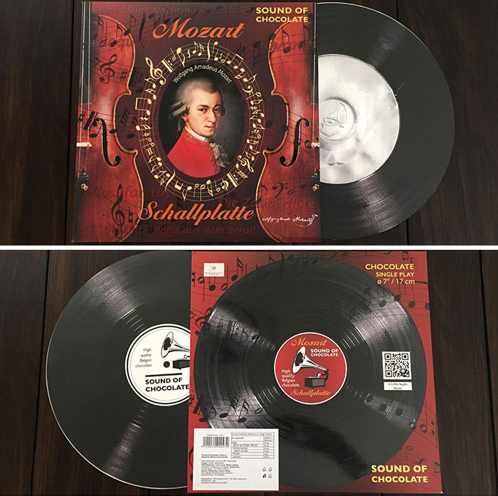 Chocolate record featuring Mozart, combining music and edible surprises, with intricate design and packaging.