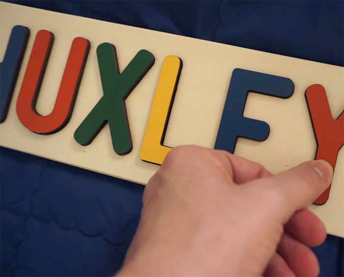 Puzzle spelling "Huxley" with a hand, related to YouTubers rehoming adopted son.