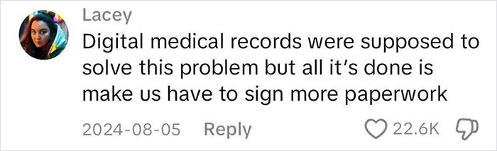 Comment discussing medical binder hack, highlighting issues with digital medical records and paperwork.