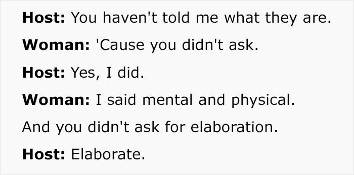 Conversation highlighting a woman's mental health reason for refusing a job during an interview.