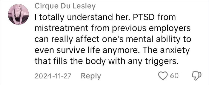 Comment discussing reasons related to mental health impacting job decisions.