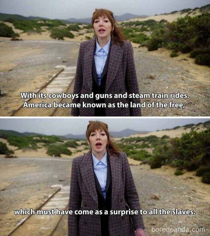 Woman standing on a railway track, explaining a humorous meme about history's depiction of America.