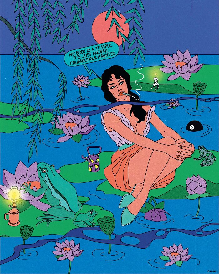 Vibrant illustration of a woman sitting on a lily pad, surrounded by lotus flowers and frogs, with a humorous speech bubble.