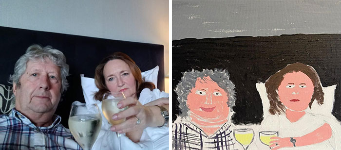 Man's viral painting of his wife beside original photo, both holding drinks and sitting together.