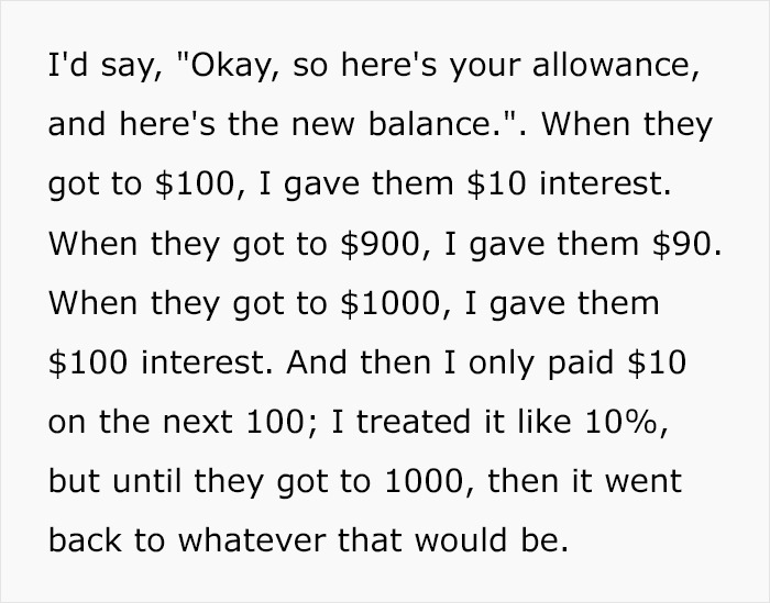 Text explaining a parent's allowance and interest system for children instead of paying for chores.