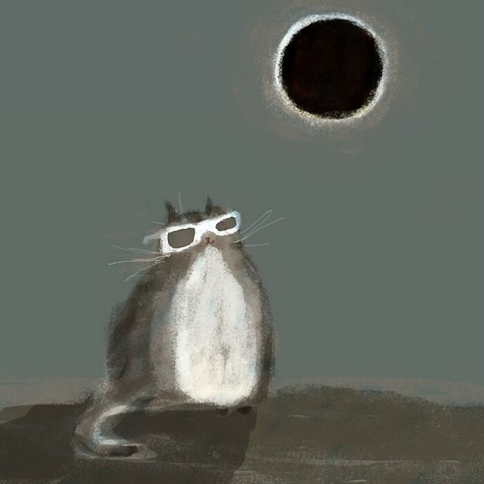 Cat illustration with sunglasses gazing at an eclipse, perfect art for cat lovers.