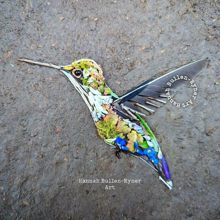 Animal portrait of a hummingbird created with natural materials on the ground.