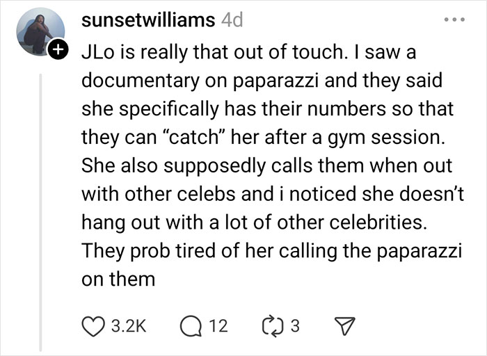 Social media post discussing celebrity rumor involving JLo and paparazzi interactions.