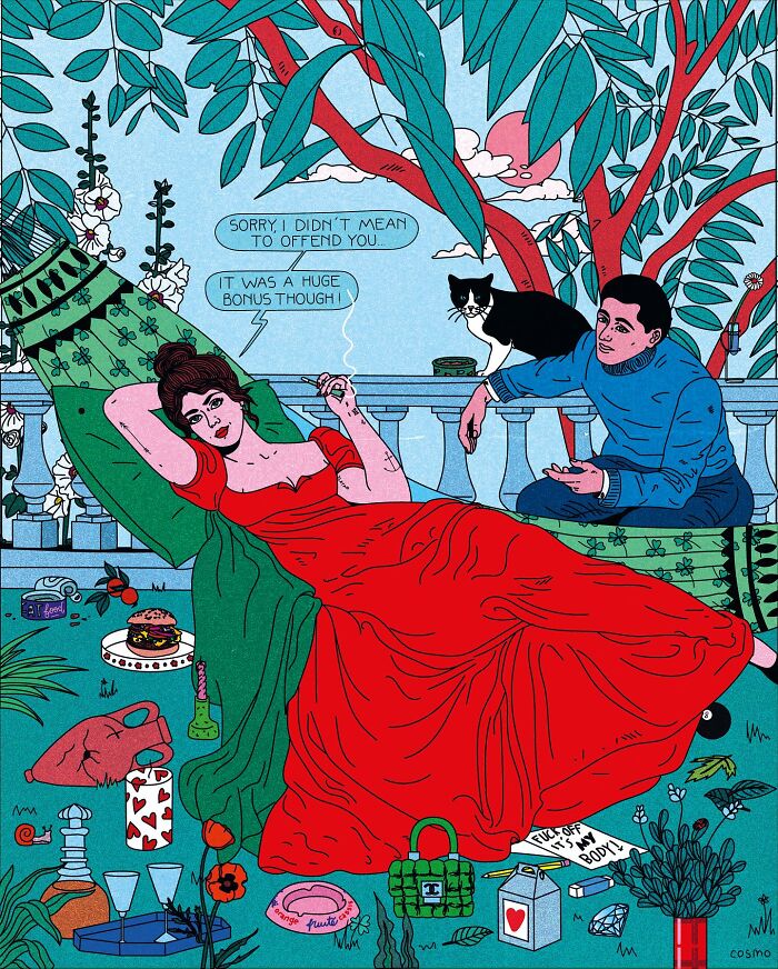 A vibrant illustration showing a woman in a red dress and a man, featuring humor and sarcasm.