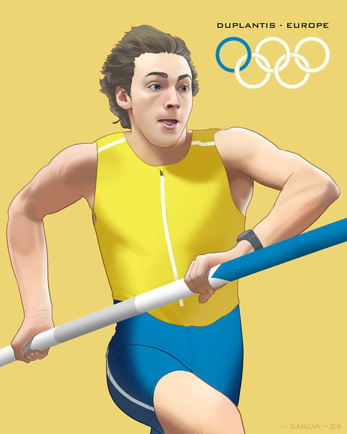 Illustration of an athlete in yellow and blue, pole vaulting with Olympic rings.