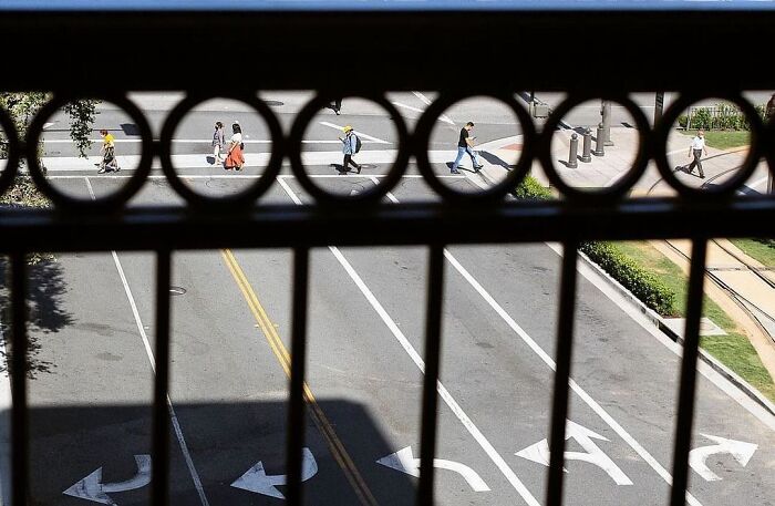 People crossing a street viewed through circular openings in a fence, creating an interesting perspective on urban life.