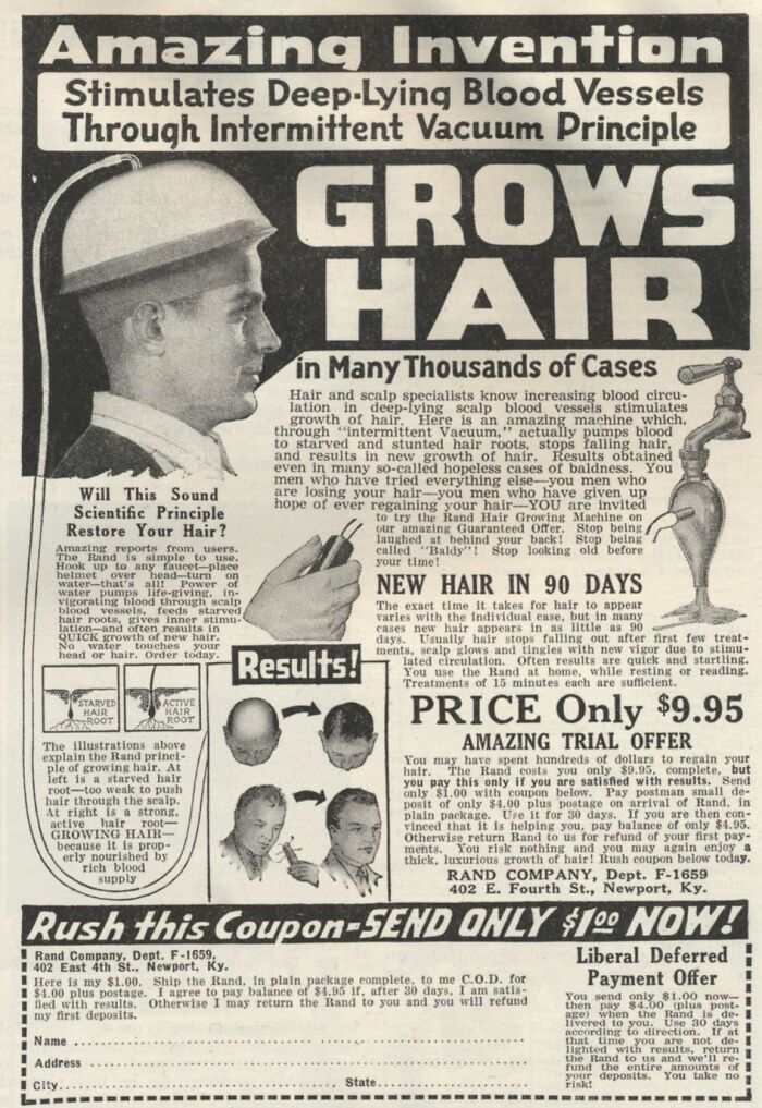 Vintage advertisement for a historical hair growth invention using vacuum technology, featuring a man in a helmet.