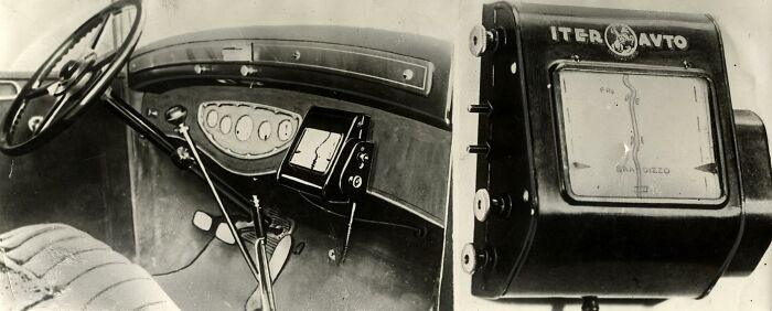 Retro car dashboard featuring an early navigation device, showcasing historical inventions ahead of their time.