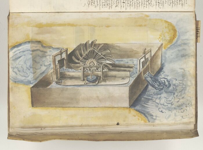 Historical invention illustration of an early waterwheel design with detailed mechanisms and flowing water.