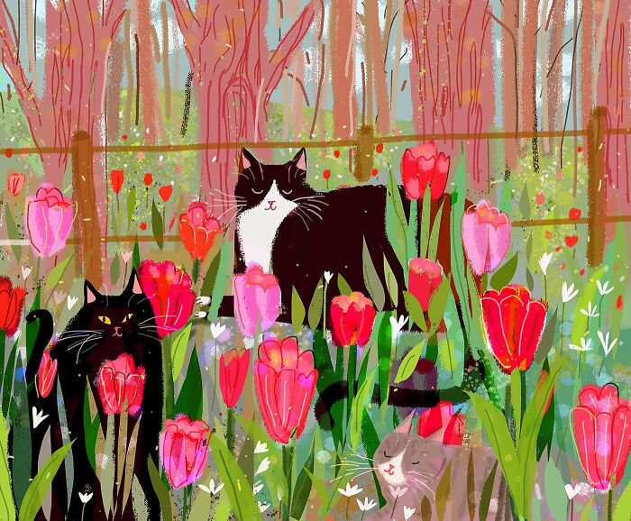 Cozy illustration of cats among vibrant tulips in a garden setting. Perfect art for cat lovers.