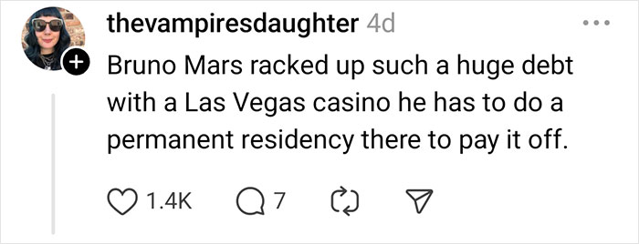 Rumor about Bruno Mars being in debt to a Las Vegas casino, requiring a permanent residency to repay it, with social media reactions.