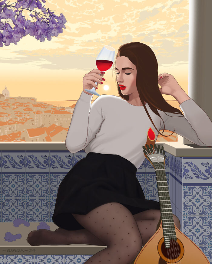 Woman enjoying wine on a balcony at sunset, holding a glass.