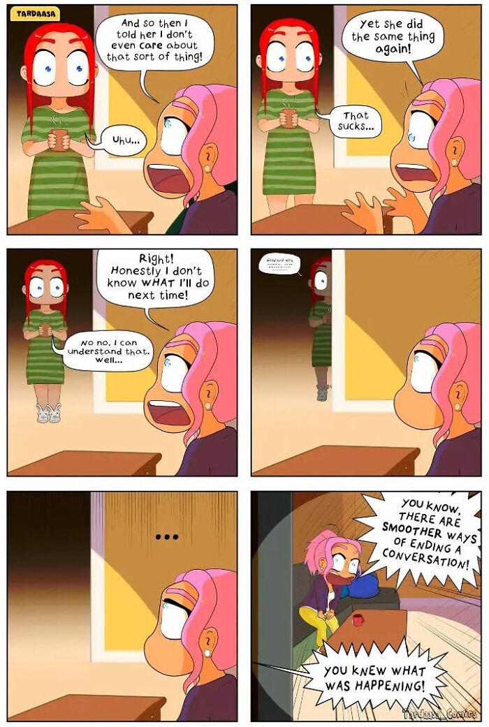 Comic about being a girl and relationships, featuring two animated characters discussing and reacting to a situation.