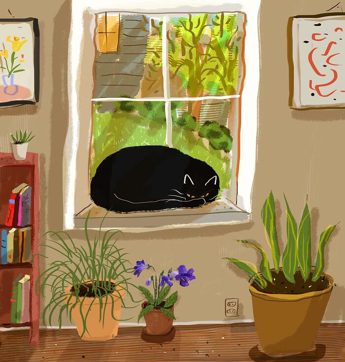 Illustration by Jamie Shelman of a black cat sleeping on a cozy window sill, surrounded by potted plants.