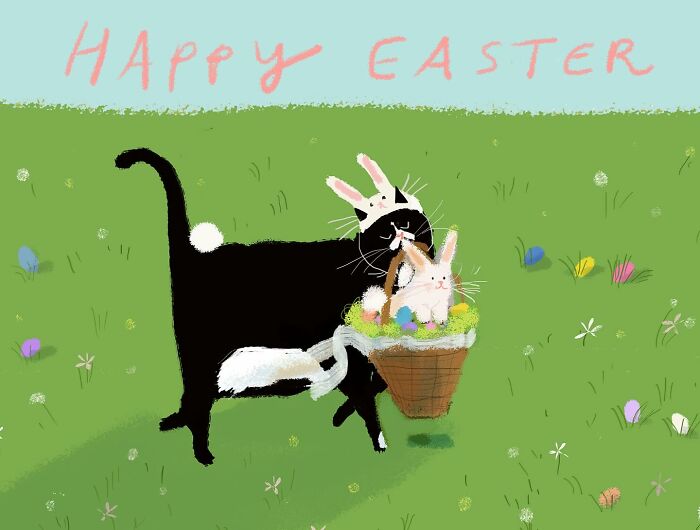 Cat illustration with bunny ears holding a basket of Easter eggs in a field.