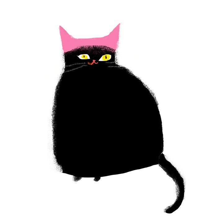 Illustration of a black cat with pink ears and yellow eyes, perfect art for cat lovers by Jamie Shelman.