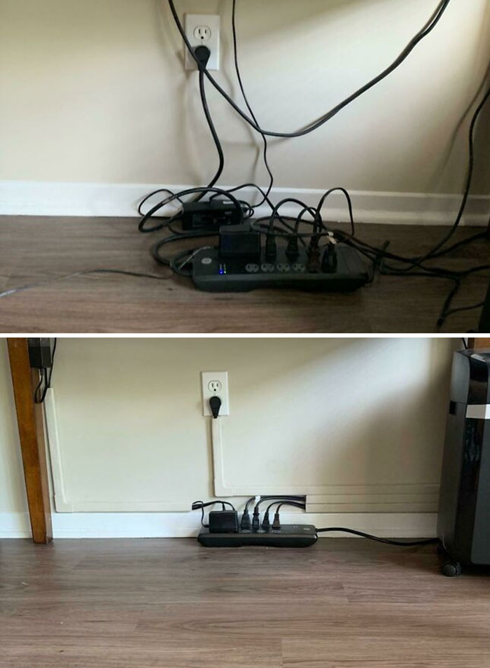 Neat results of next-level organization: Before and after of tidy cable management under a desk.