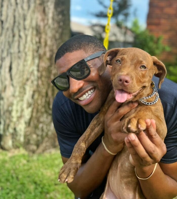 UPS driver smiling with adorable brown dog on route, both joyful and playful outdoors.