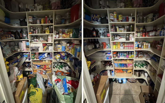 Before and after comparison of a pantry showing next-level organization with neatly arranged items on shelves.