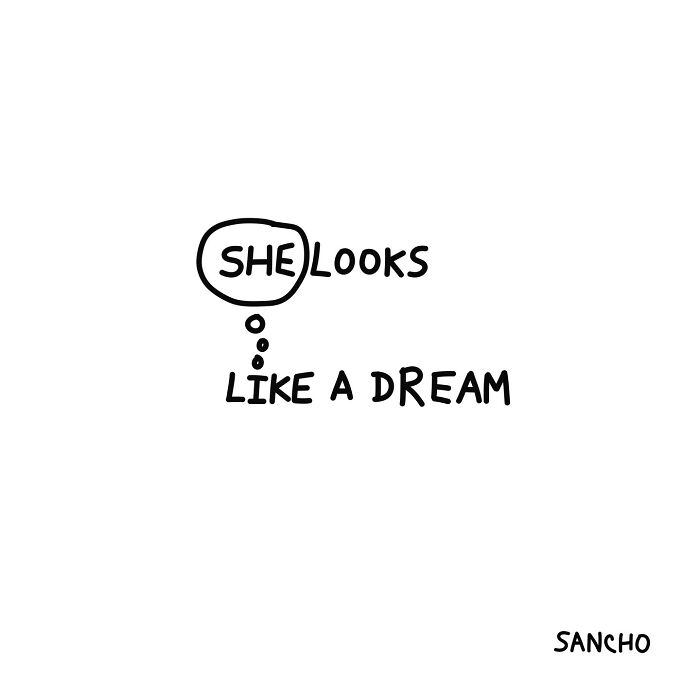 Quirky illustration by Gabriel Sancho featuring the words "She looks like a dream."