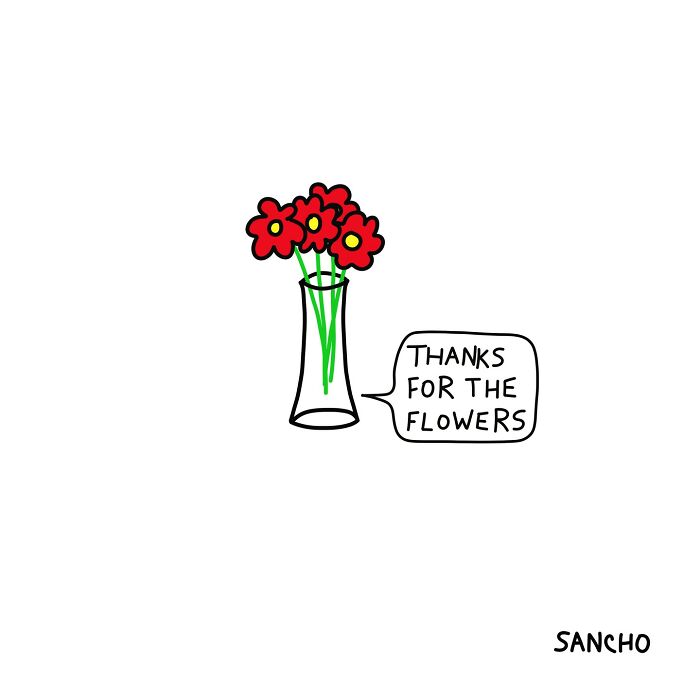 Quirky illustration by Gabriel Sancho depicts a vase with red flowers saying "Thanks for the flowers."