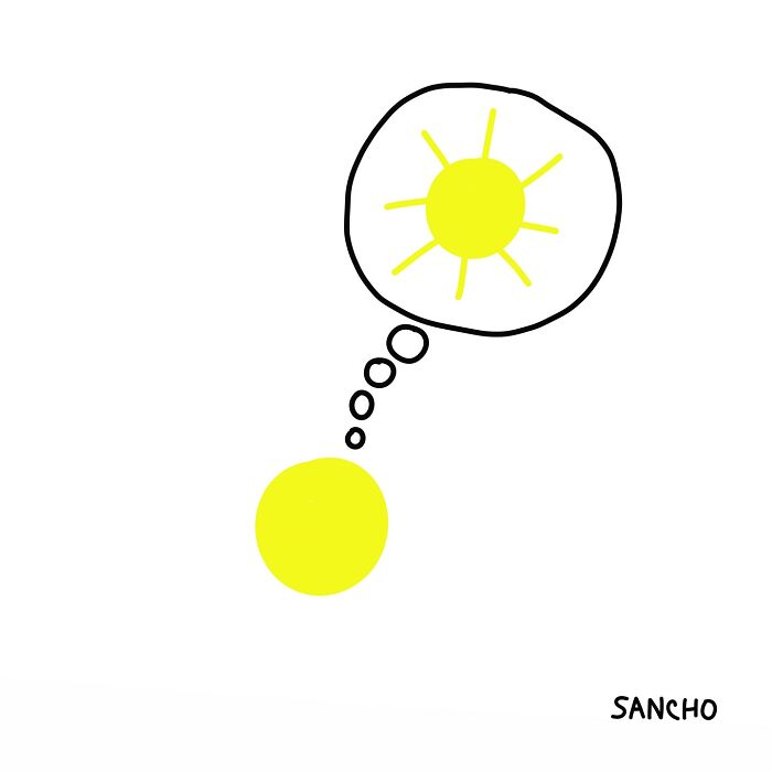 Quirky illustration by Gabriel Sancho of a small yellow circle thinking about the sun.