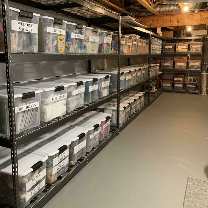 Neat organization with labeled boxes on shelves in a well-ordered storage room.