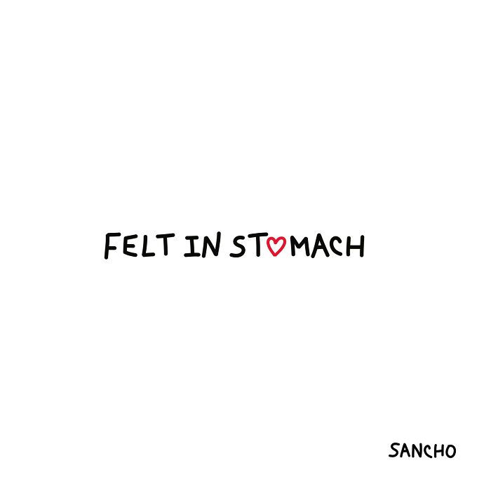 "Quirky illustration by Gabriel Sancho with 'Felt in Stomach' text, featuring a heart."