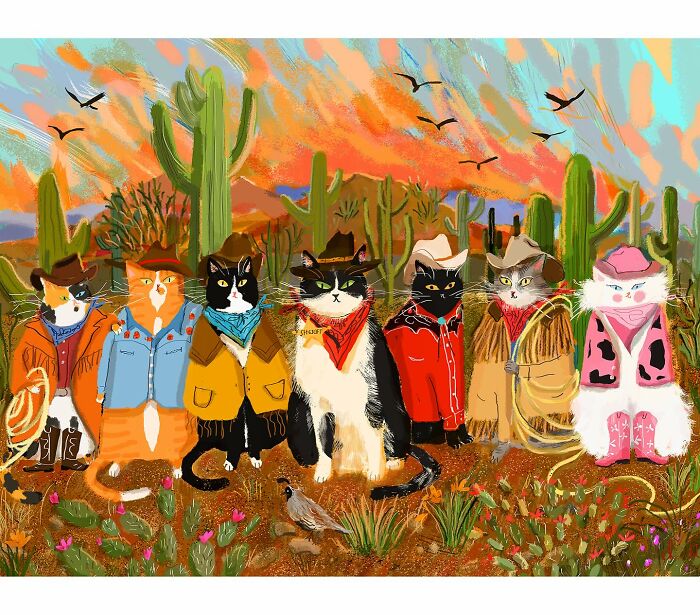 Cowboy cats illustration by Jamie Shelman, featuring seven cats in colorful outfits with a desert backdrop. Perfect for cat lovers.