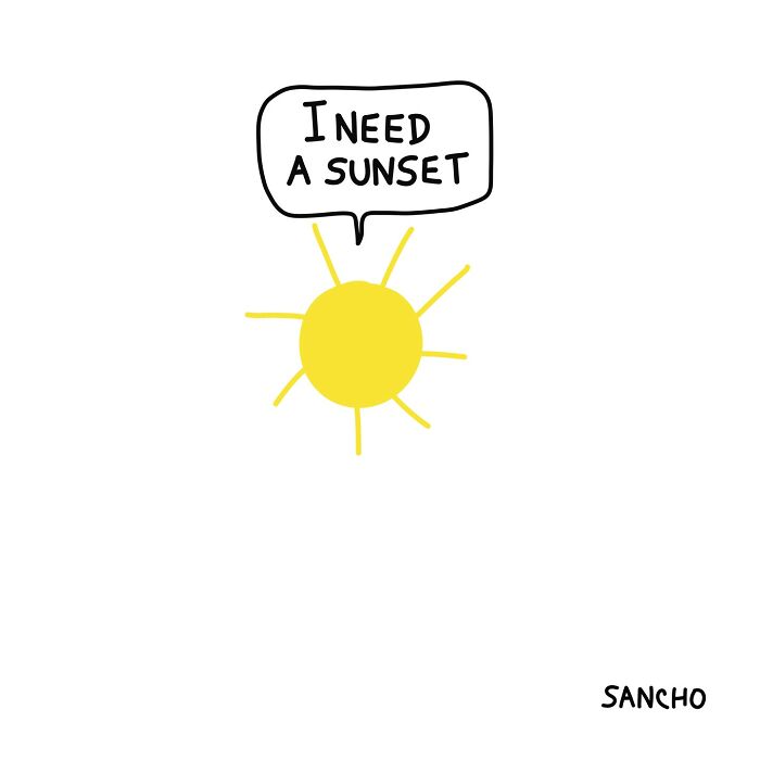 Quirky illustration by Gabriel Sancho of a sun saying "I need a sunset."