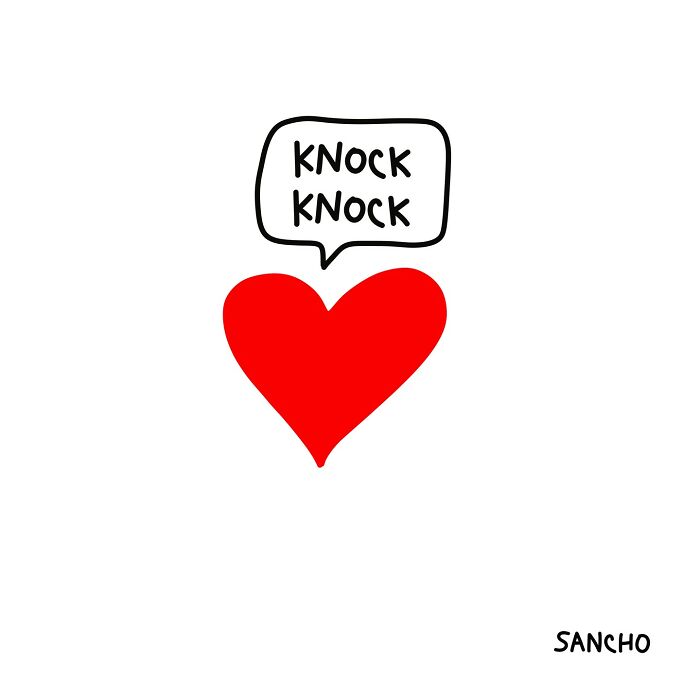 Red heart illustration with "Knock Knock" text by Gabriel Sancho.