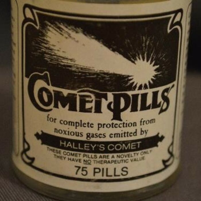 Jar of Comet Pills, a historical invention promising protection from Halley's Comet gases, labeled as a novelty.