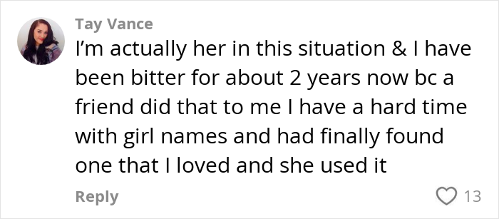 Text comment about naming conflict, relating to a woman accidentally using a favored name.