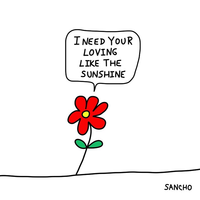 Quirky illustration by Gabriel Sancho of a flower saying, "I need your loving like the sunshine."