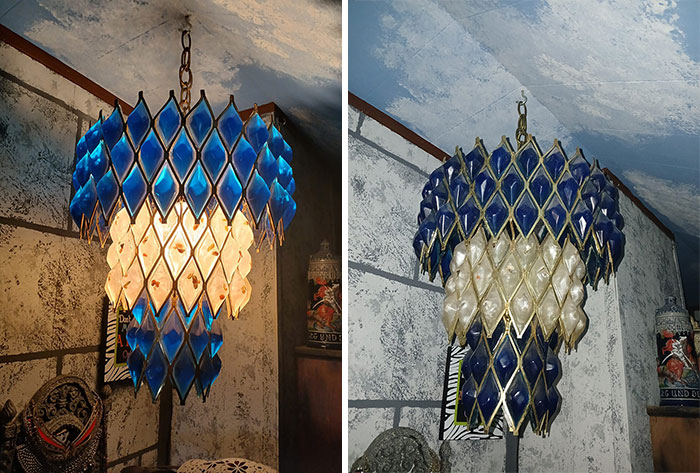 Weird and wonderful secondhand find: vintage blue and white glass chandelier in a rustic room setting.